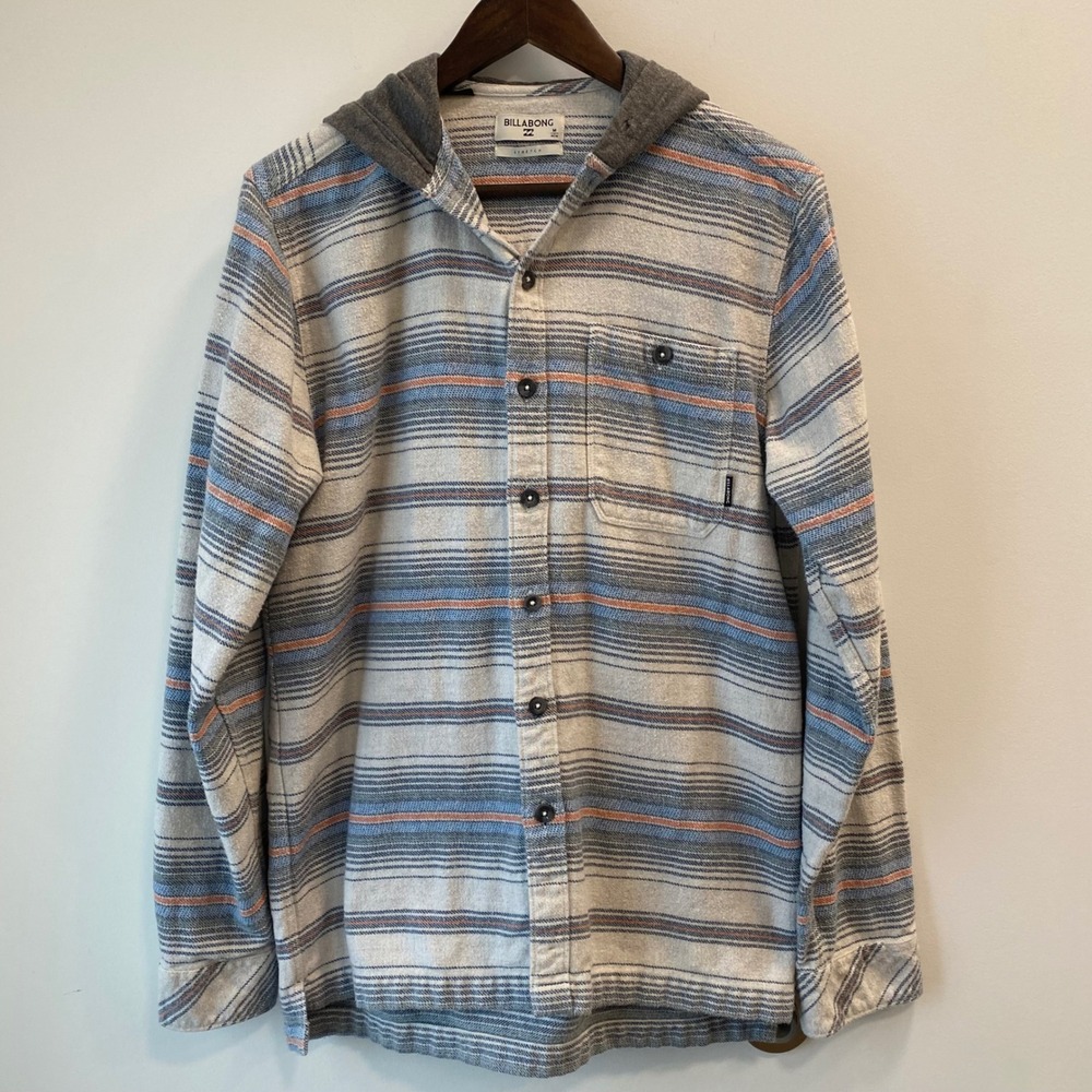 Billabong Hooded Flannel Mens M Blue Baja Flannel Beach Striped Stretch Shirt